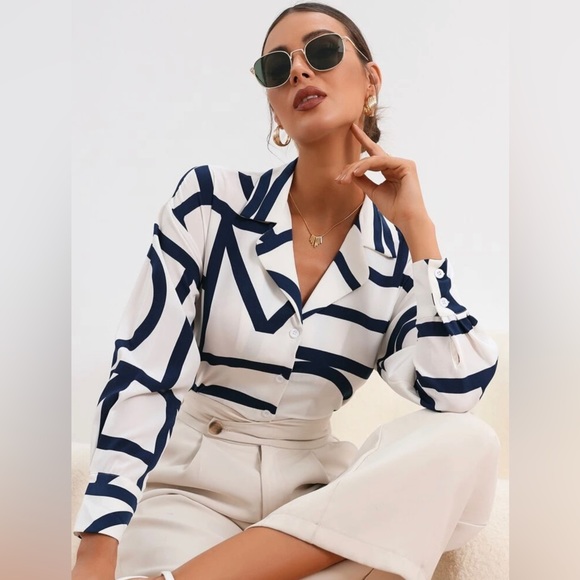 Navy and White Blouse - S - Picture 1 of 6